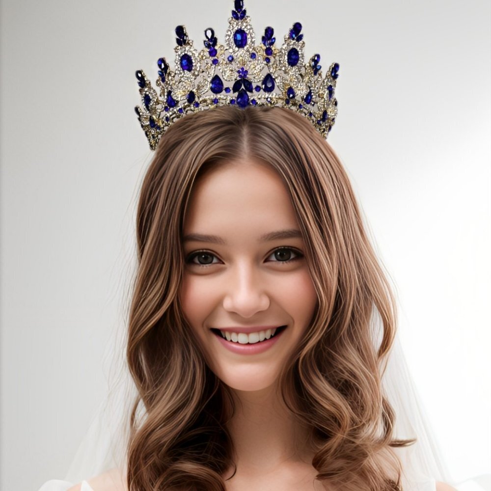 Vintage Gold Crown Queen Headband, Sapphire Bue Wedding Tiara, Hair Jewelry